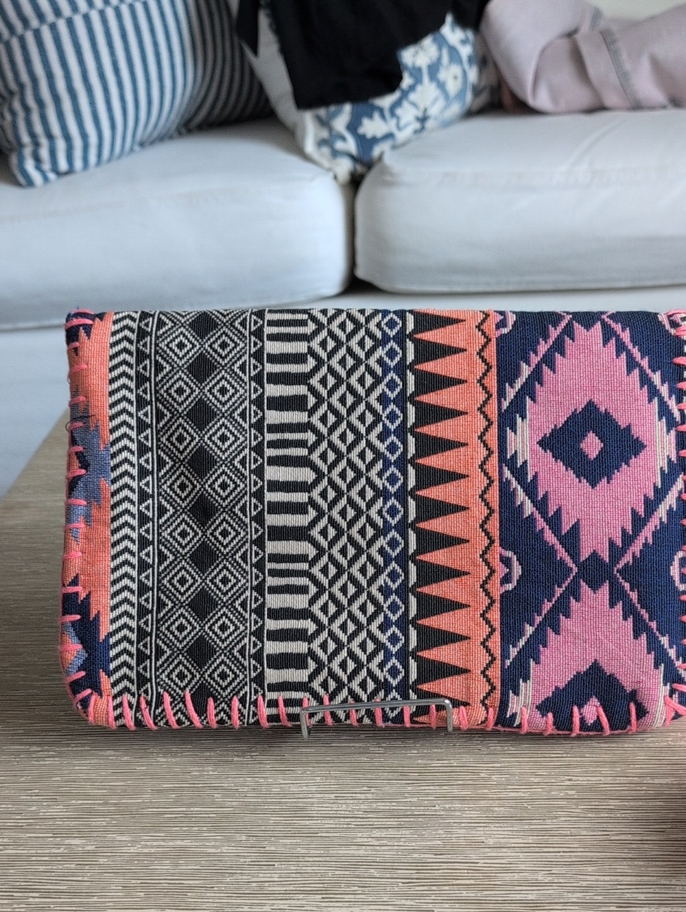 Pink & Navy and Black Geometric Tassel Textile Summer Clutch Purse - Picture 5 of 8